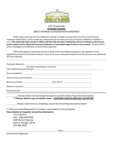First page of the Change/Cancel Direct Payment Authorization Agreement