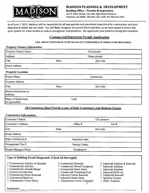 First page of the Commercial Building Permit Application