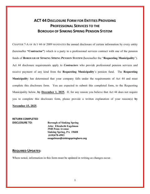 First page of the Act 44 Pension Services Disclosure Form