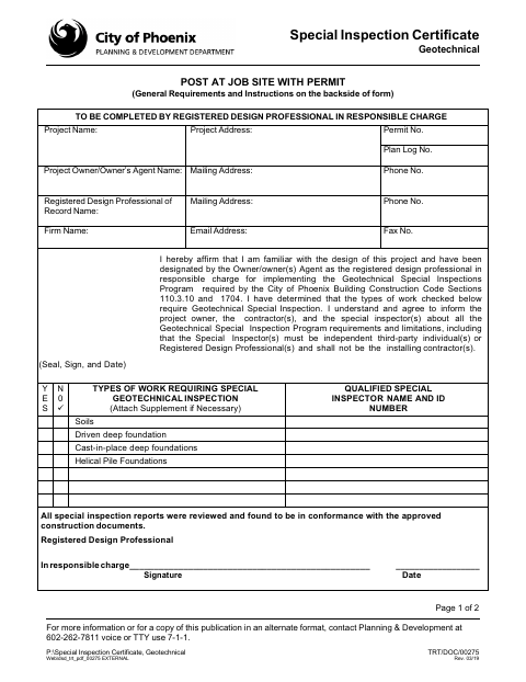 First page of the Special Inspection Certificate Geotechnical