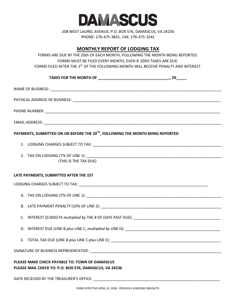 First page of the Monthly Report of Lodging Tax