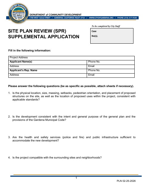 First page of the Site Plan Review (SPR) Supplemental Application