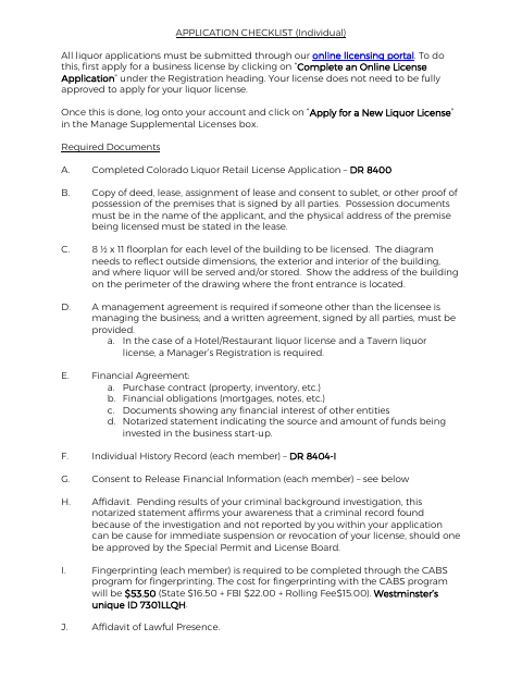 First page of the Individual Liquor License Checklist and Financial Consent
