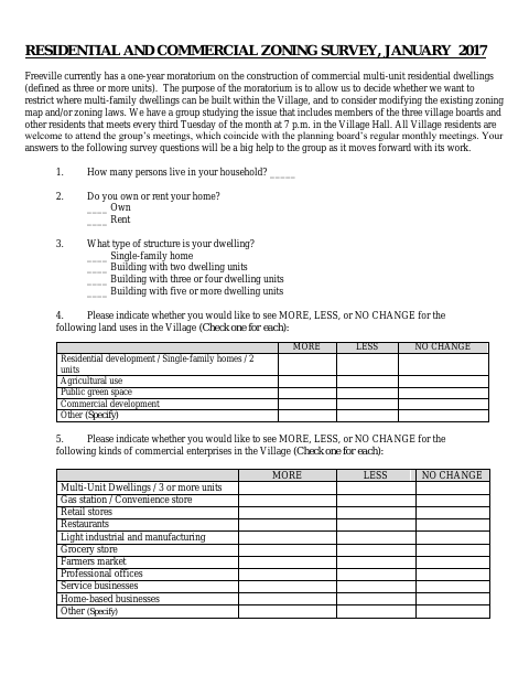 First page of the Residential and Commercial Zoning Survey