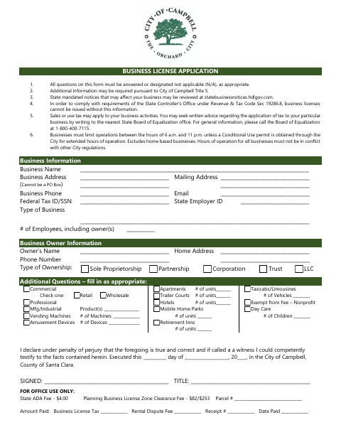 First page of the Business License Application