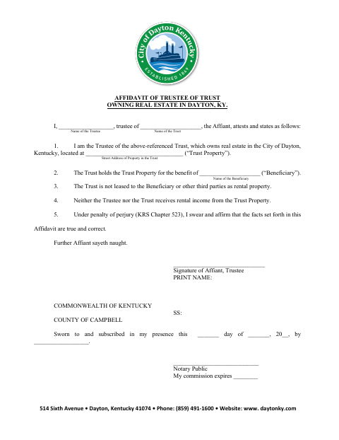 First page of the Affidavit of Trustee of Trust Owning Real Estate