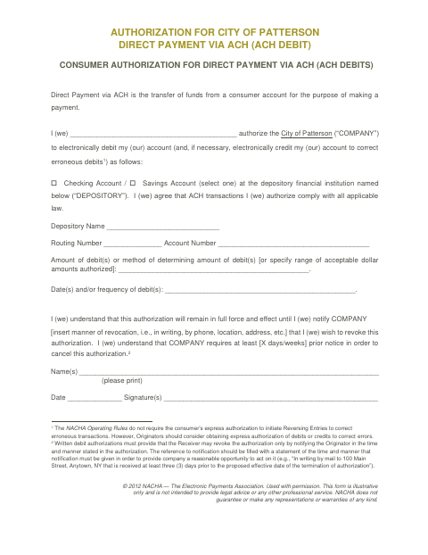 First page of the Authorization for City of Patterson Direct Payment via ACH