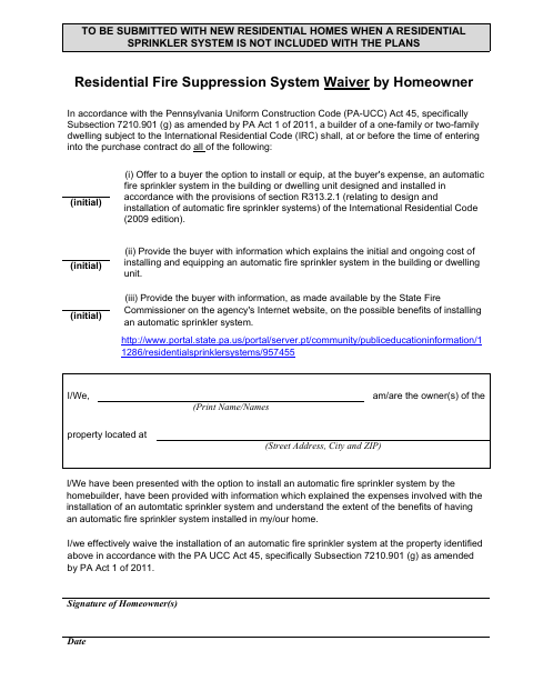 First page of the Residential Fire Suppression System Waiver by Homeowner