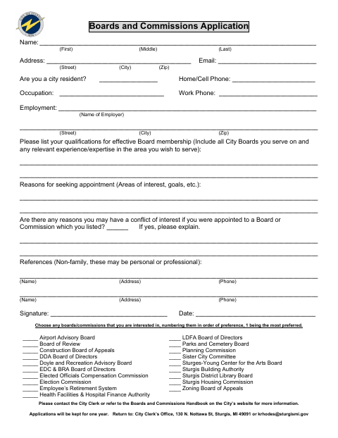 First page of the Boards and Commissions Application