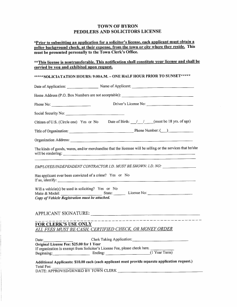 First page of the Peddlers and Solicitors License Application