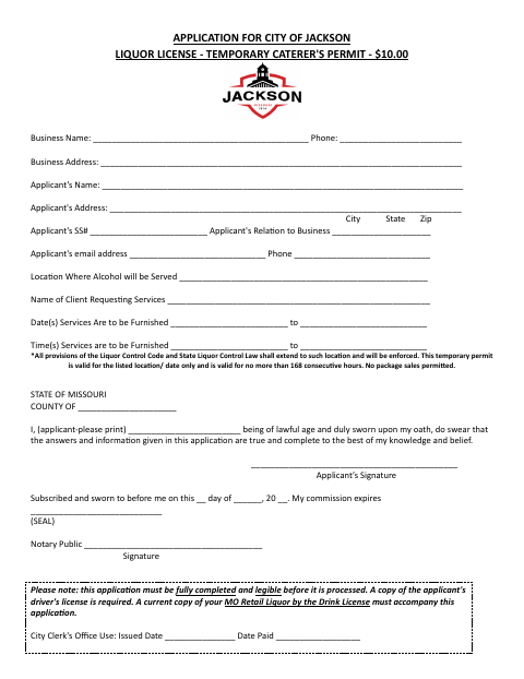 First page of the Temporary Caterer's Liquor Permit Application