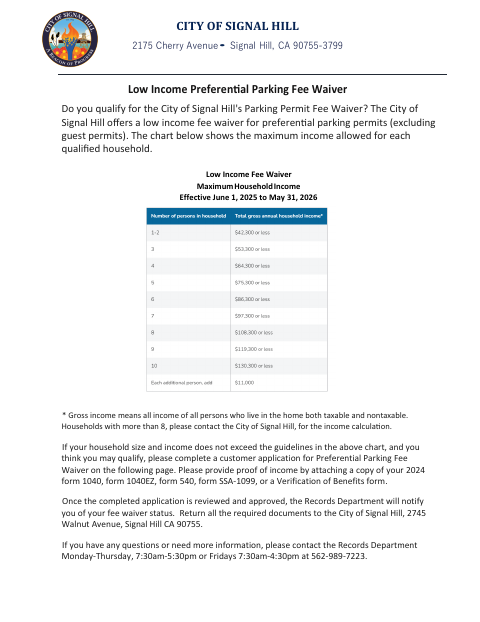 First page of the Low Income Preferential Parking Fee Waiver Application