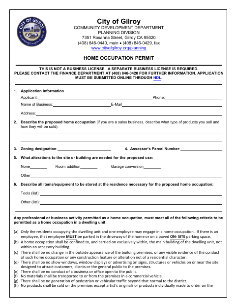 First page of the Home Occupation Permit