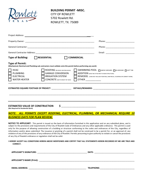 First page of the Building Permit - Misc.