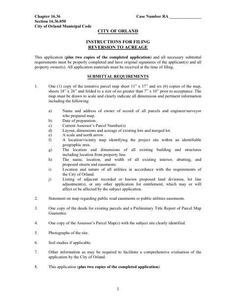 First page of the Reversion to Acreage Application