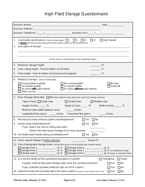 First page of the High Piled Combustible Storage Questionnaire