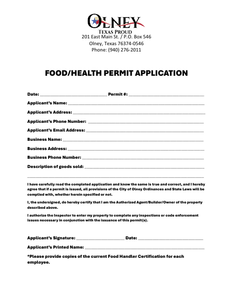 First page of the Food/Health Permit Application