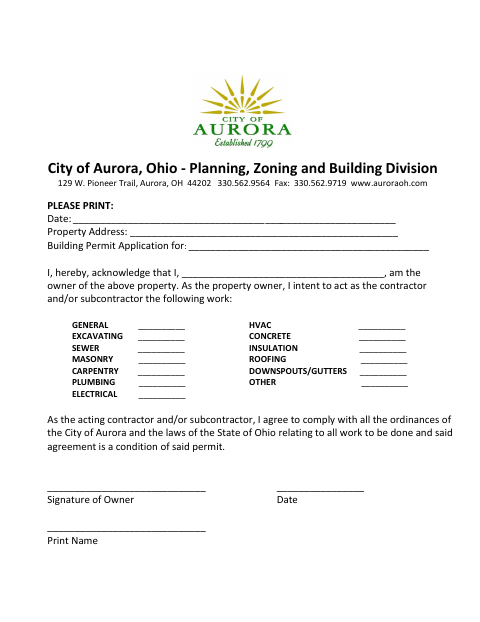 First page of the Work by Homeowner Building Permit Application