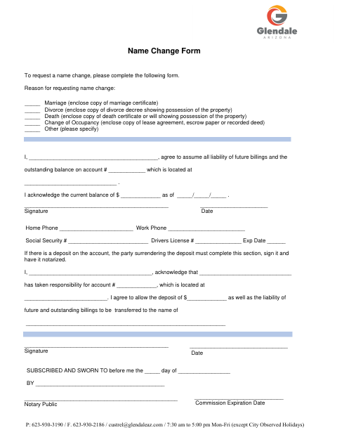 First page of the Utility Billing Name Change Form