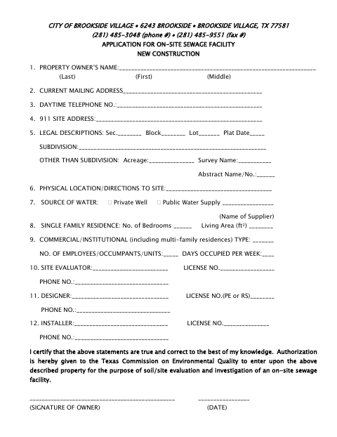 First page of the On-Site Sewage Facility New Construction Application