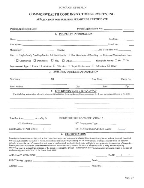 First page of the Application for Building Permit/Use Certificate