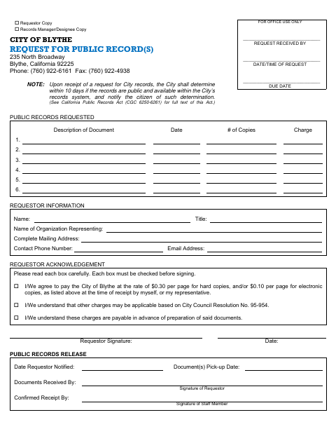 First page of the Request For Public Records