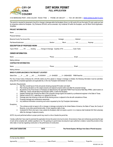 First page of the Dirt Work Permit Full Application