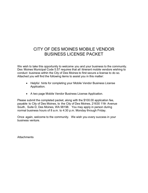 First page of the Mobile Vendor Business License Packet