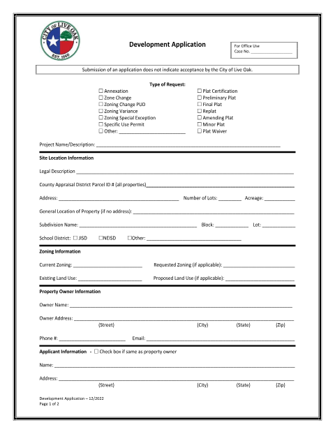 First page of the Development Application (Submittal)