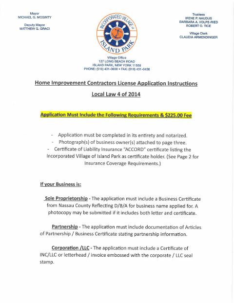 First page of the Home Improvement Contractors License Application