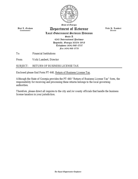 First page of the Business License Tax Return (Form PT-440)