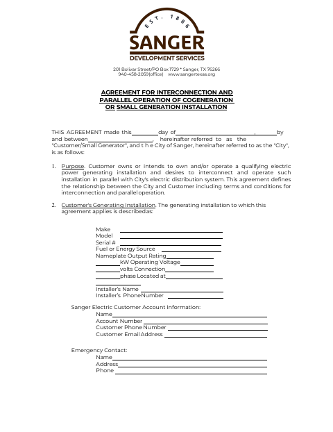 First page of the Agreement for Interconnection and Parallel Operation of Cogeneration or Small Generation Installation