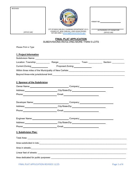 First page of the Final Plat Application