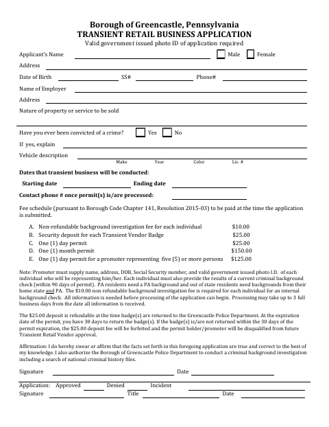 First page of the Transient Retail Business Application