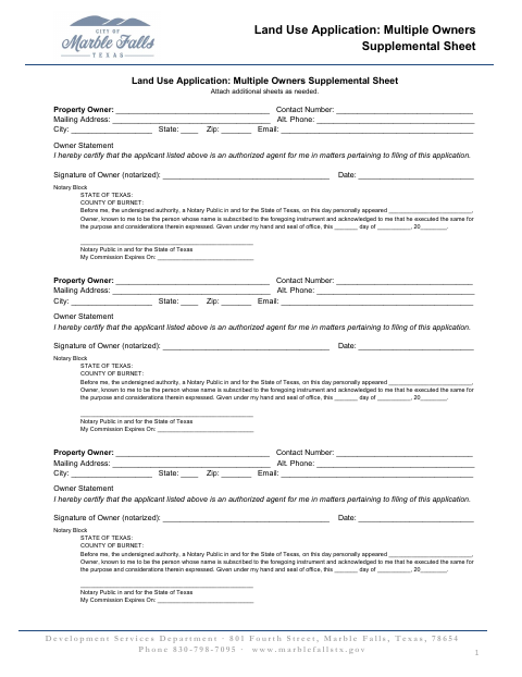First page of the Multiple Owners Land Use Application Supplemental Sheet