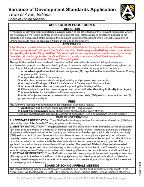 First page of the Variance of Development Standards Application