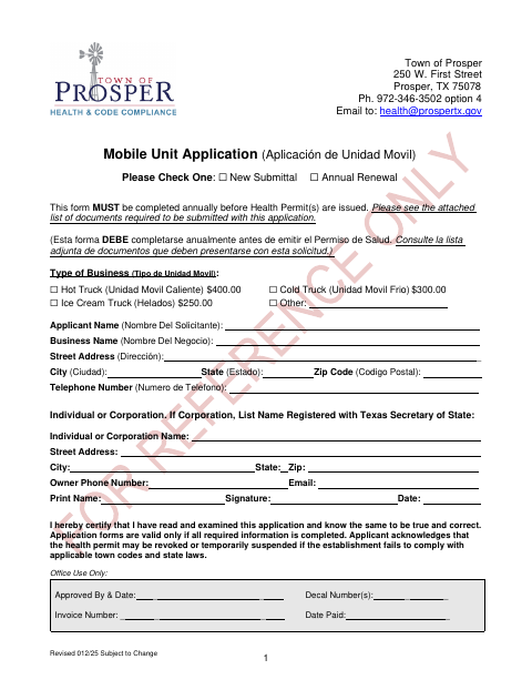 First page of the Mobile Food Unit Application
