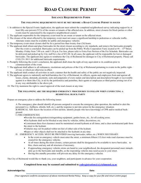 First page of the Road Closure Permit Issuance Requirements Form
