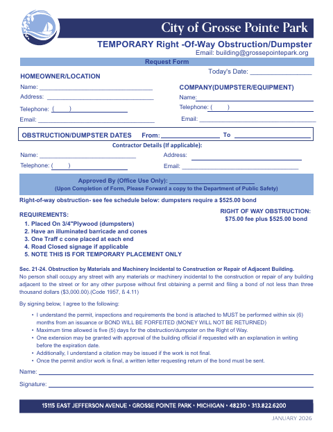 First page of the Temporary Right-of-Way Obstruction/Dumpster Request Form