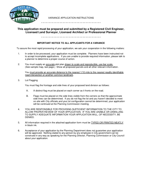First page of the Variance Application