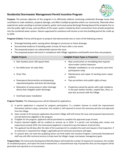 First page of the Residential Stormwater Management Permit Incentive Program Application