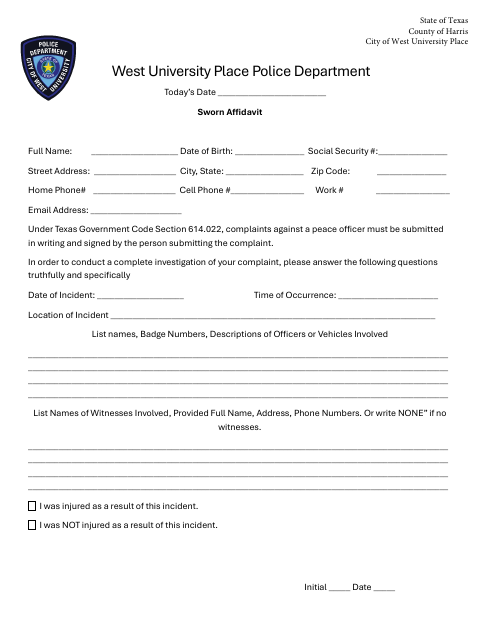 First page of the Police Complaint Sworn Affidavit