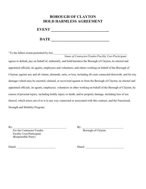 First page of the Hold Harmless Agreement