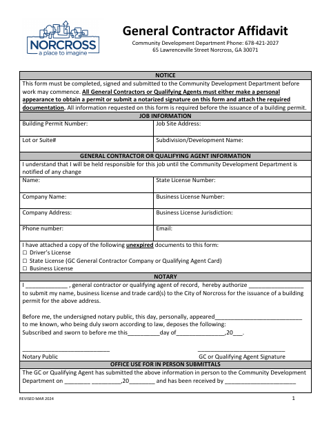 First page of the General Contractor Affidavit