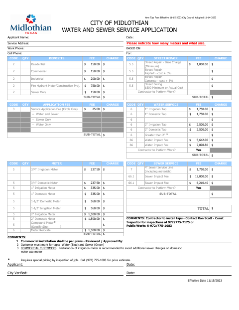 First page of the Water and Sewer Service Application