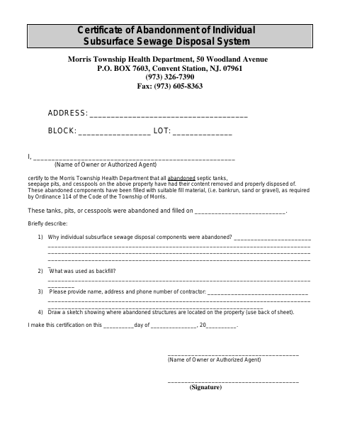 First page of the Certificate of Abandonment of Individual Subsurface Sewage Disposal System