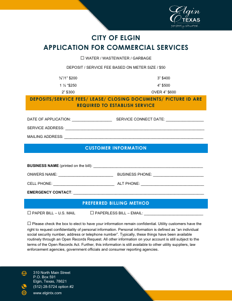 First page of the Application for Commercial Services