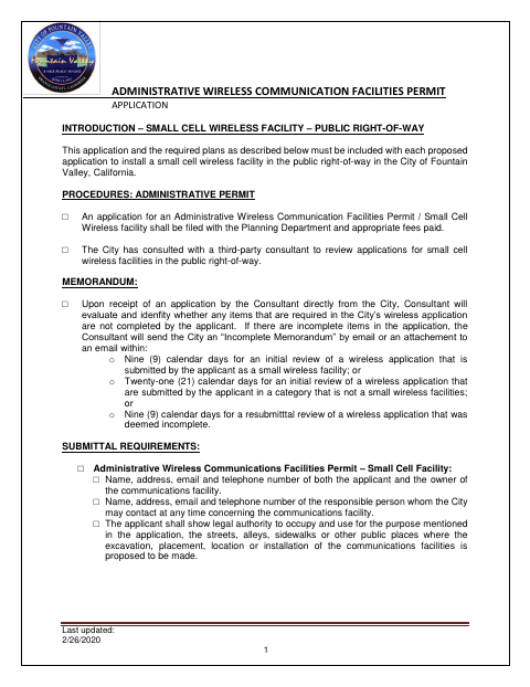 First page of the Administrative Wireless Communication Facilities Permit Application