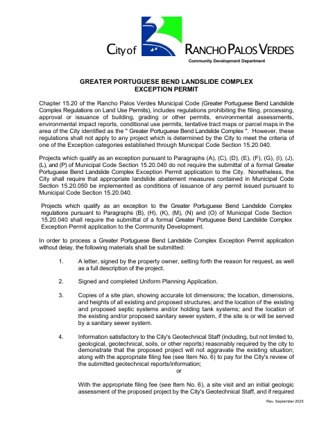 First page of the Greater Portuguese Bend Landslide Complex Exception Permit