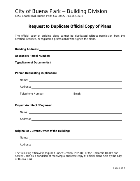 First page of the Request and Affidavit for the Duplication of Plans